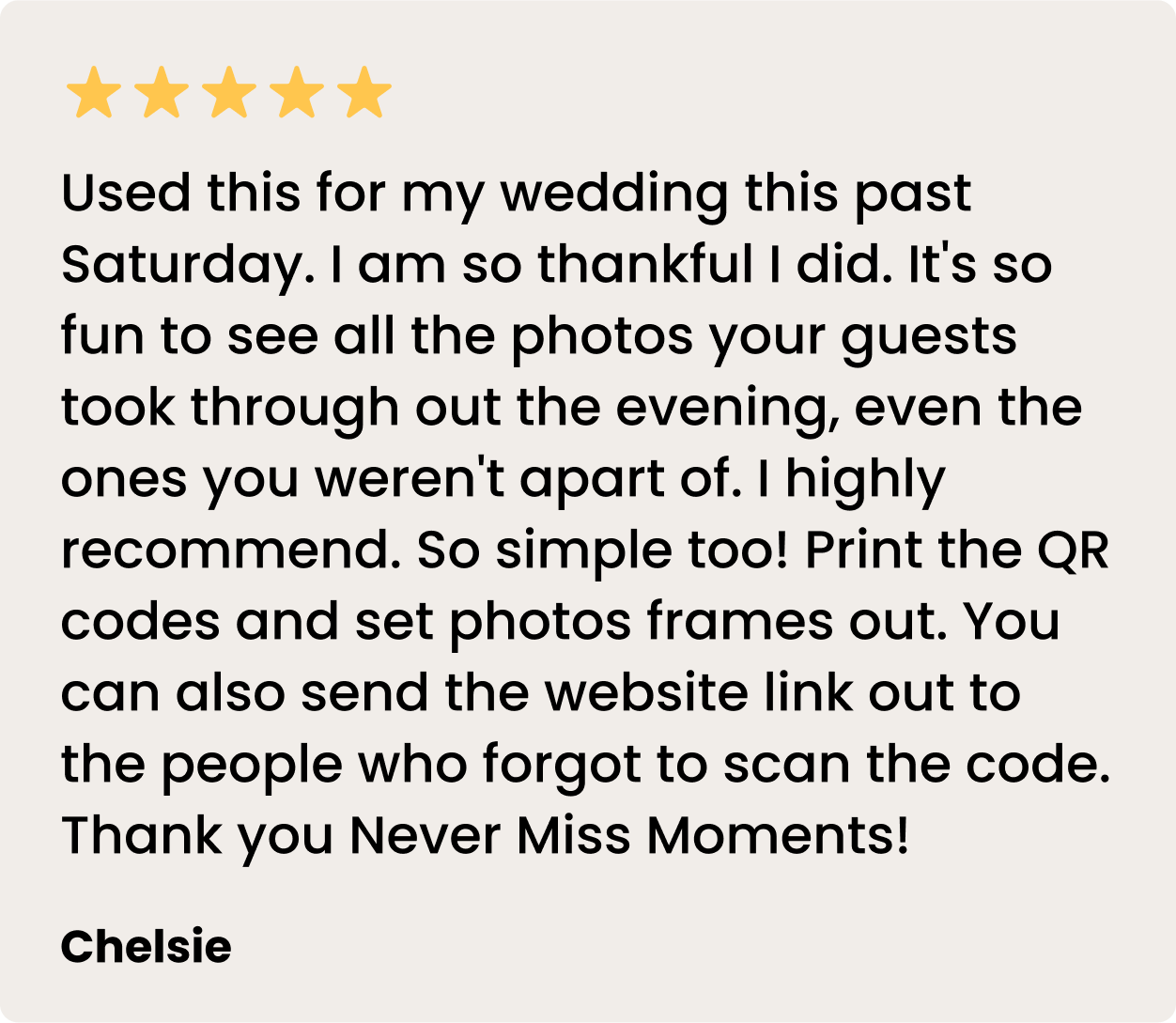 Wedding photo upload QR code displayed on table reviews
